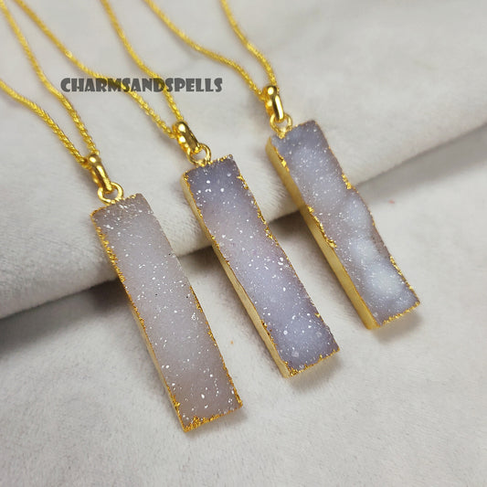White Sugar Druzy Bar Necklace | Dainty Electroplated Handmade Jewelry