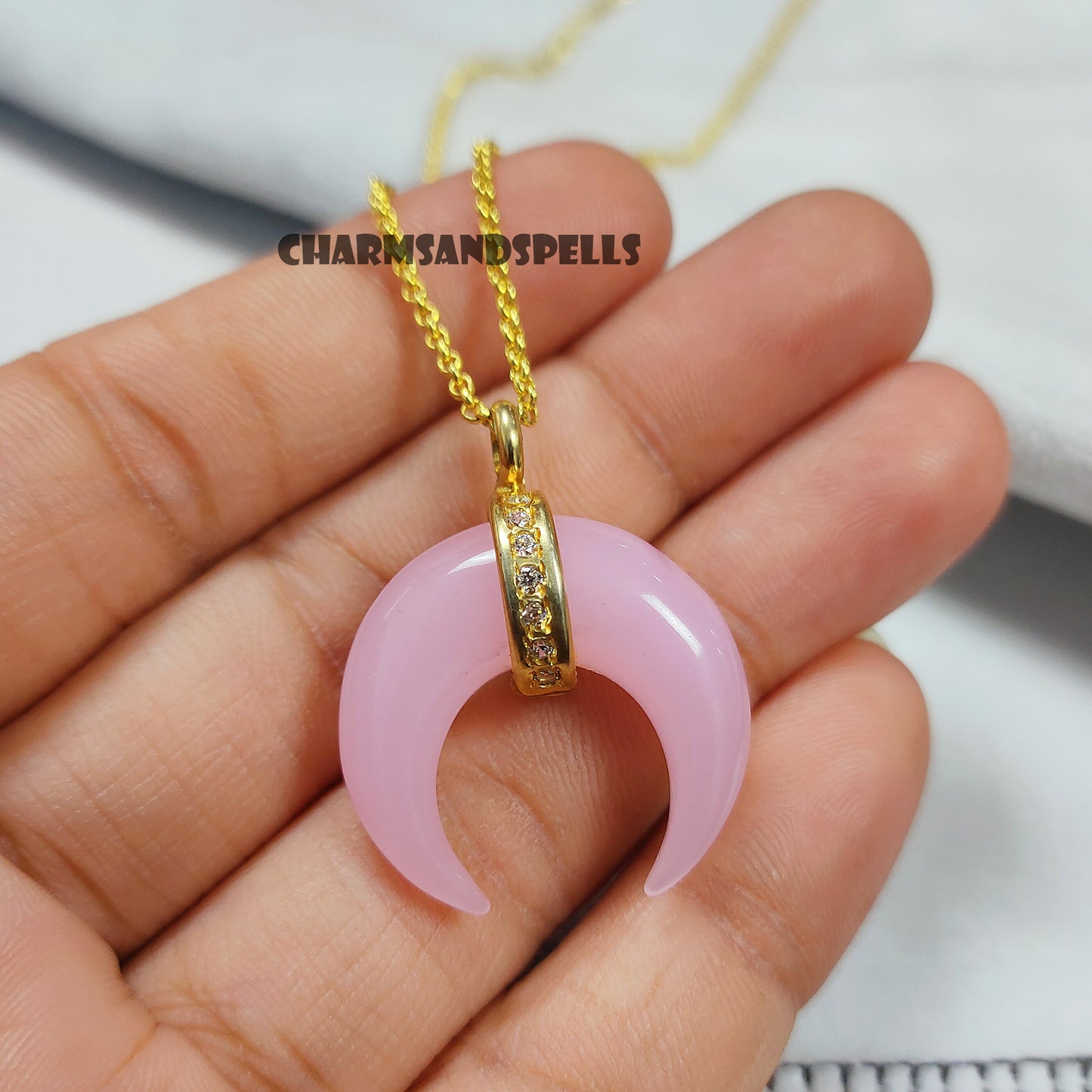 Pink Chalcedony Moon Necklace, American Diamond Crescent Moon, 14K Gold Plated Gemstone Necklace, Christmas Gift, Sky Gift,Black Friday Sale