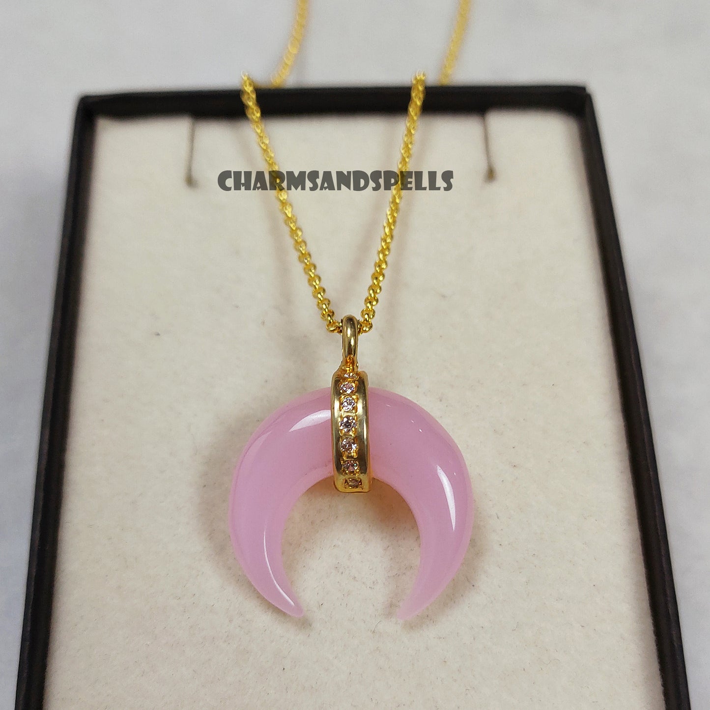 Pink Chalcedony Moon Necklace, American Diamond Crescent Moon, 14K Gold Plated Gemstone Necklace, Christmas Gift, Sky Gift,Black Friday Sale