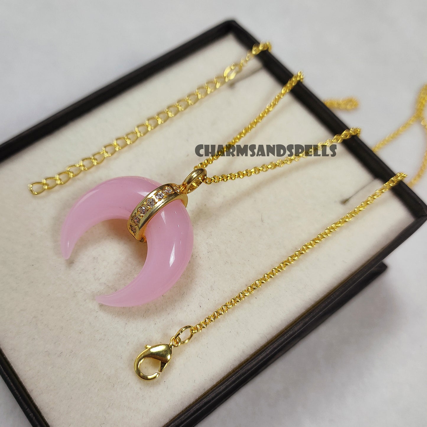 Pink Chalcedony Moon Necklace, American Diamond Crescent Moon, 14K Gold Plated Gemstone Necklace, Christmas Gift, Sky Gift,Black Friday Sale