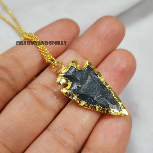 Raw Moss Agate Crystal Arrowhead Necklace | Handmade Healing Energy Jewelry