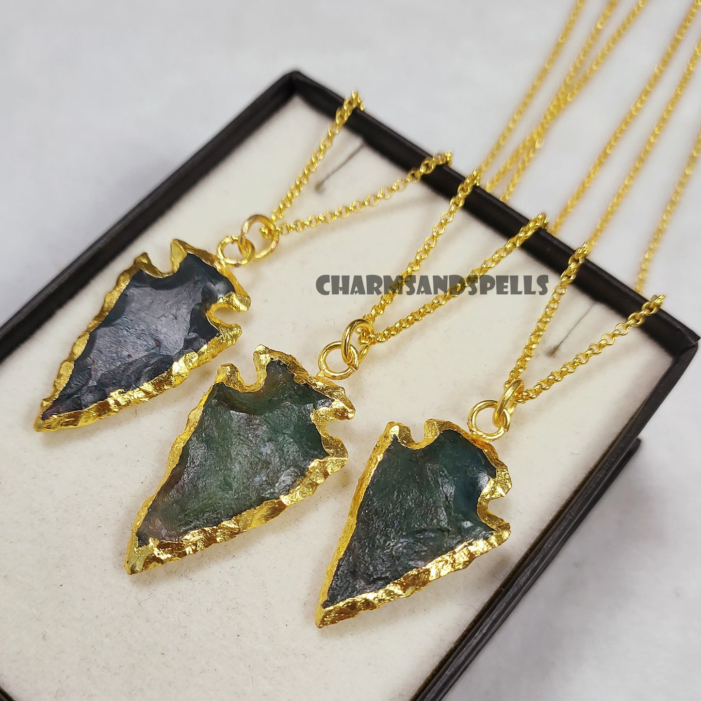 Raw Moss Agate Crystal Arrowhead Pendant Necklace, Handmade Crystal Arrowhead Necklace, Energy Protection Healing Stone, Gift For Man/ Women