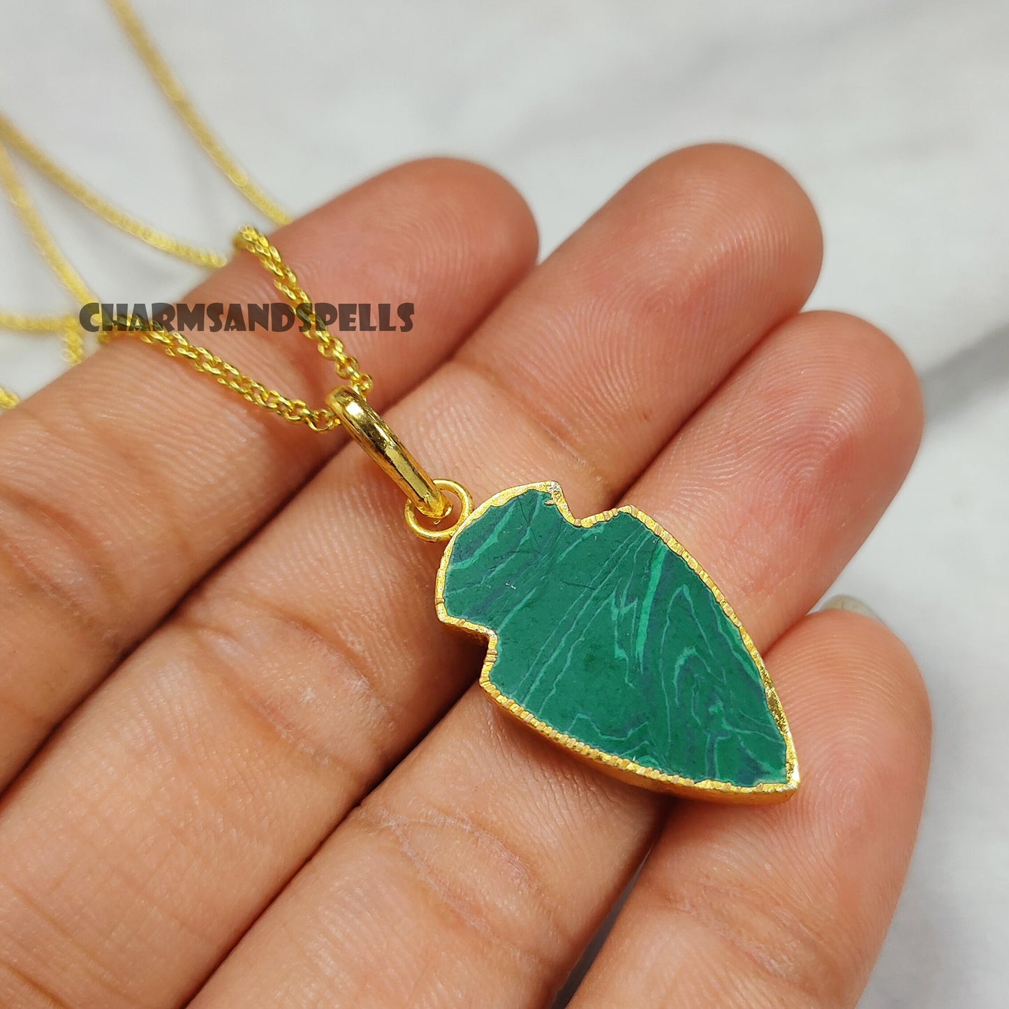 Arrowhead Malachite Pendant Necklace, Handmade Jewelry, Gift Pendant Necklace, Bohemian Chunky Pendant, Vintage Look Necklace, Wedding Gift