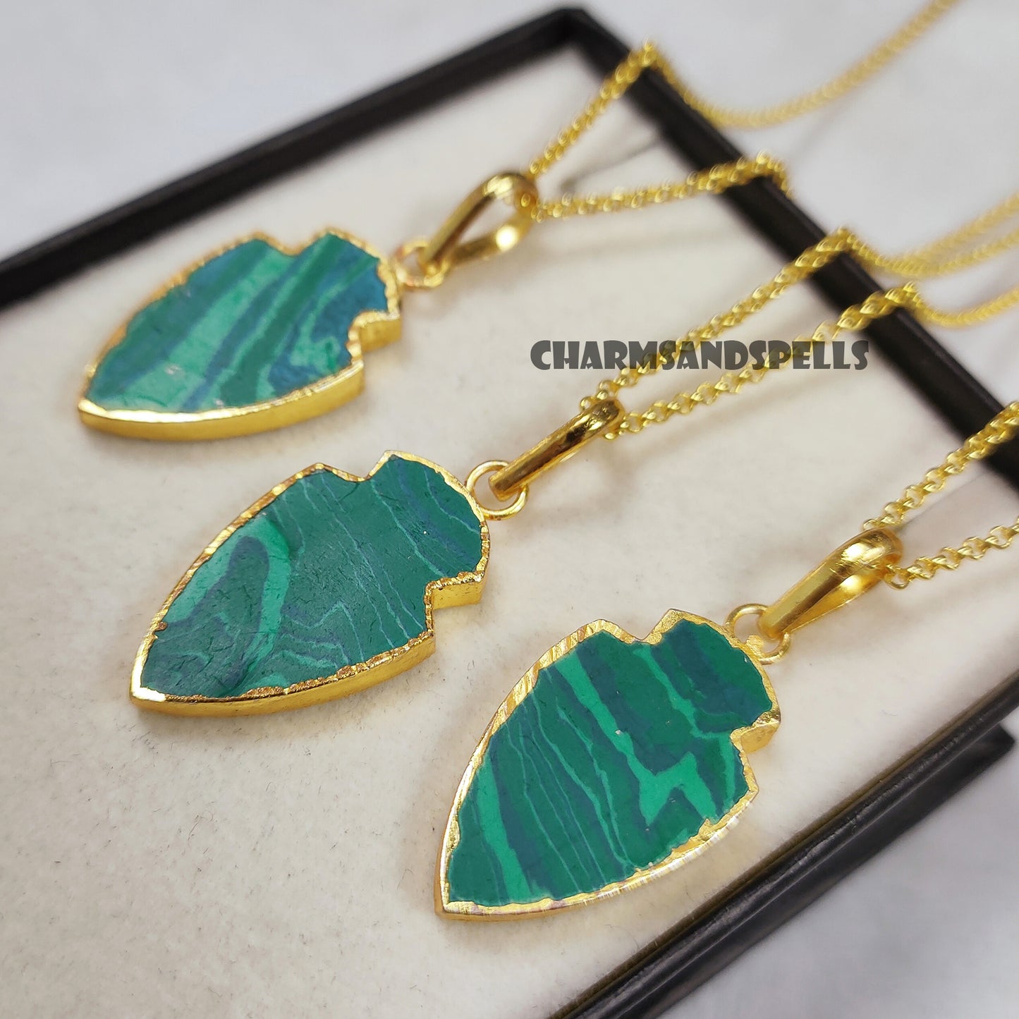 Arrowhead Malachite Pendant Necklace, Handmade Jewelry, Gift Pendant Necklace, Bohemian Chunky Pendant, Vintage Look Necklace, Wedding Gift