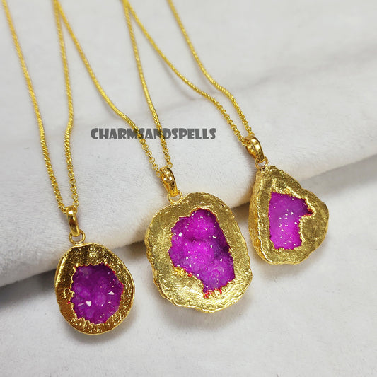Rare Pink Cave Druzy Necklace | Dainty Bohemian Healing Jewelry