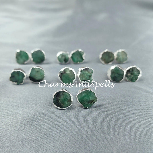 Raw Emerald Electroplated Stud Earrings| Gemstone Jewelry| May Birthstone
