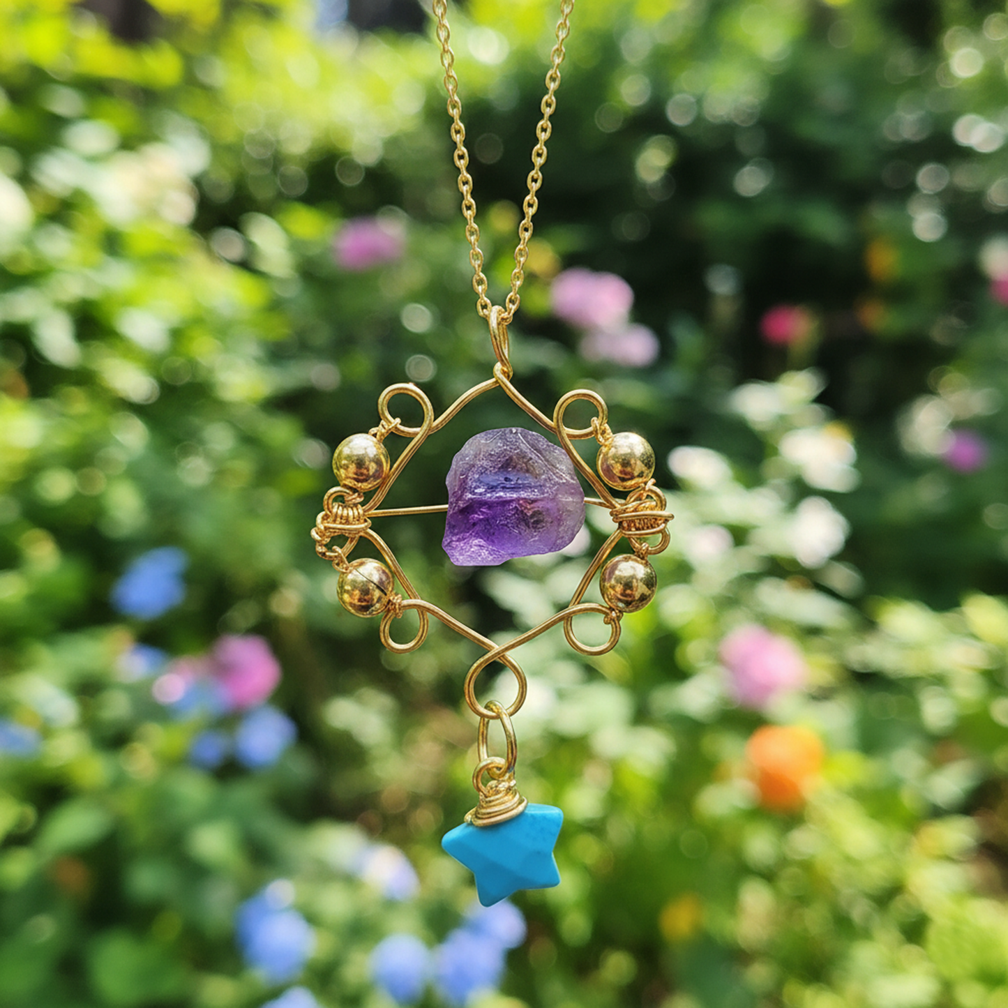 Enchanted Nove Raw Amethyst & Turquoise Necklace| 14K Gold Plated Crystal Jewelry