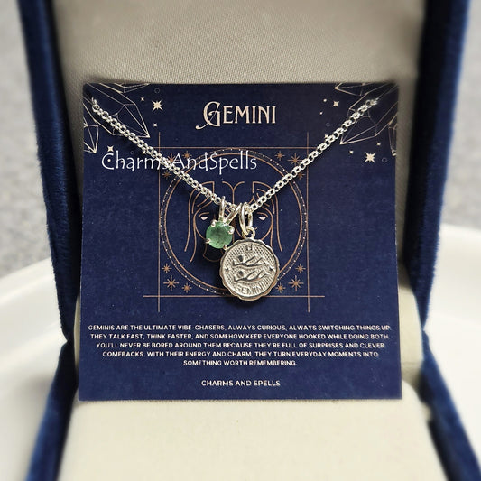 Gemini Zodiac Necklace | Green Aventurine Silver Pendant Astrology Jewelry
