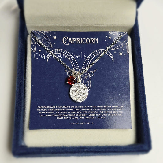 Capricorn Zodiac Pendant Necklace | 925 Silver Garnet Minimalist Astrology Jewelry