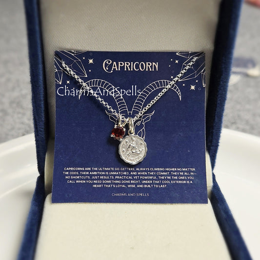 Capricorn Zodiac Pendant Necklace | 925 Silver Garnet Minimalist Astrology Jewelry