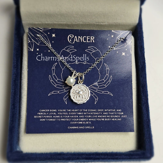 Cancer Zodiac Pearl Necklace | 925 Silver Dainty Astrology Horoscope Jewelry