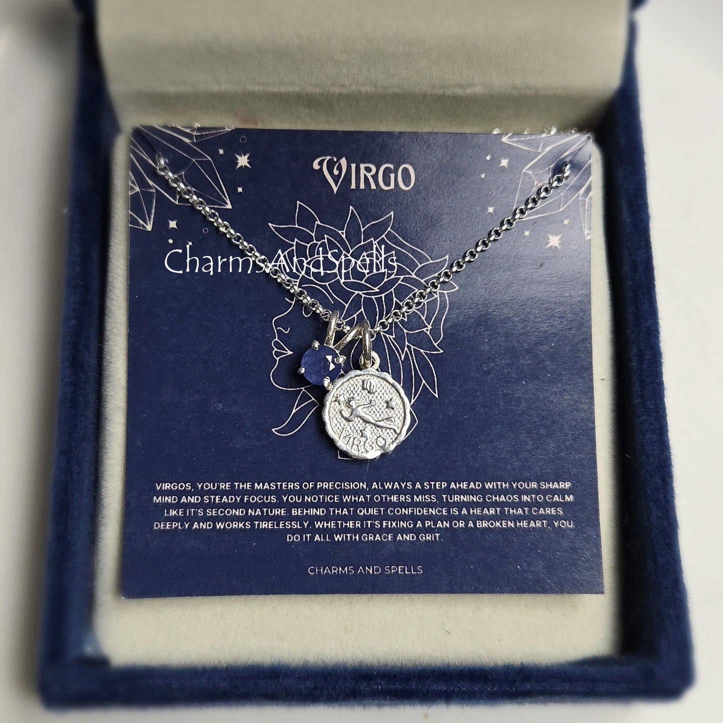 Virgo Zodiac Pendant Necklace, Blue Sapphire Silver Necklace, Thoughtful Astrology Gift for Her, Handmade Personalized Jewelry, Virgo Charm