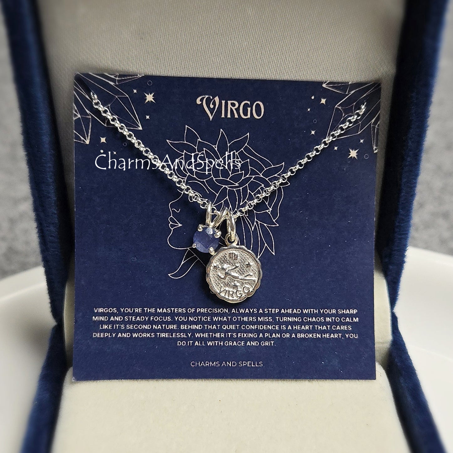 Virgo Zodiac Pendant Necklace, Blue Sapphire Silver Necklace, Thoughtful Astrology Gift for Her, Handmade Personalized Jewelry, Virgo Charm