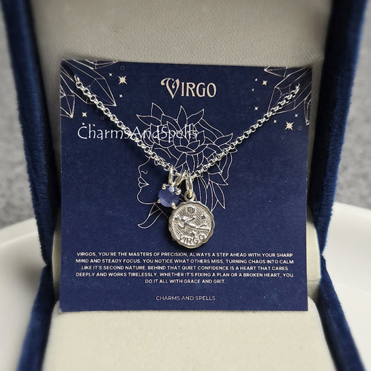 Virgo Zodiac Pendant Necklace | Blue Sapphire Silver Astrology Jewelry