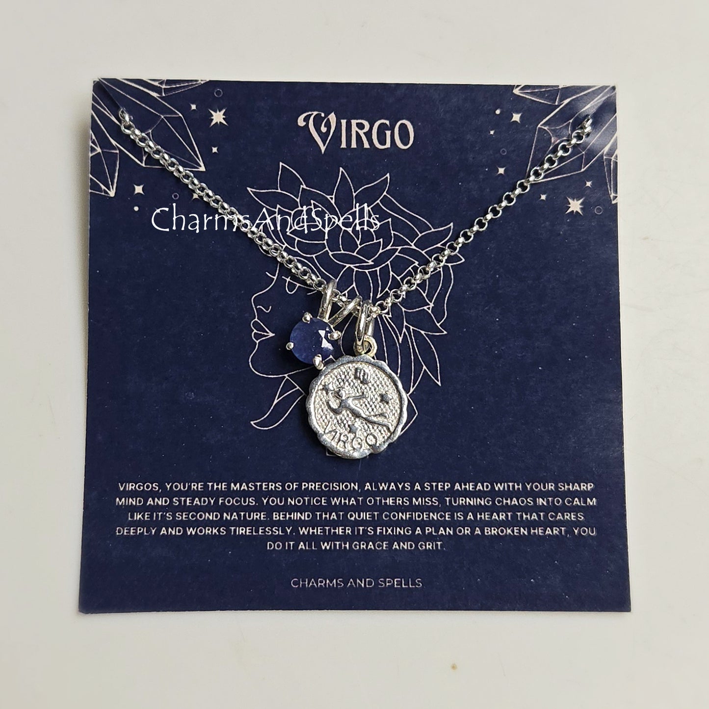 Virgo Zodiac Pendant Necklace, Blue Sapphire Silver Necklace, Thoughtful Astrology Gift for Her, Handmade Personalized Jewelry, Virgo Charm