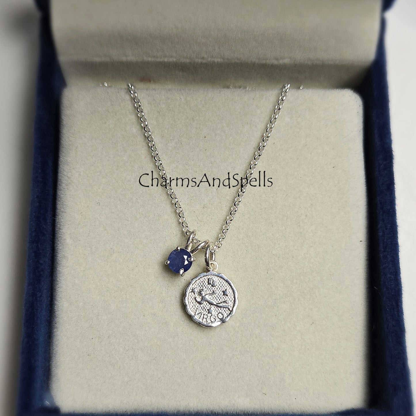 Virgo Zodiac Pendant Necklace, Blue Sapphire Silver Necklace, Thoughtful Astrology Gift for Her, Handmade Personalized Jewelry, Virgo Charm