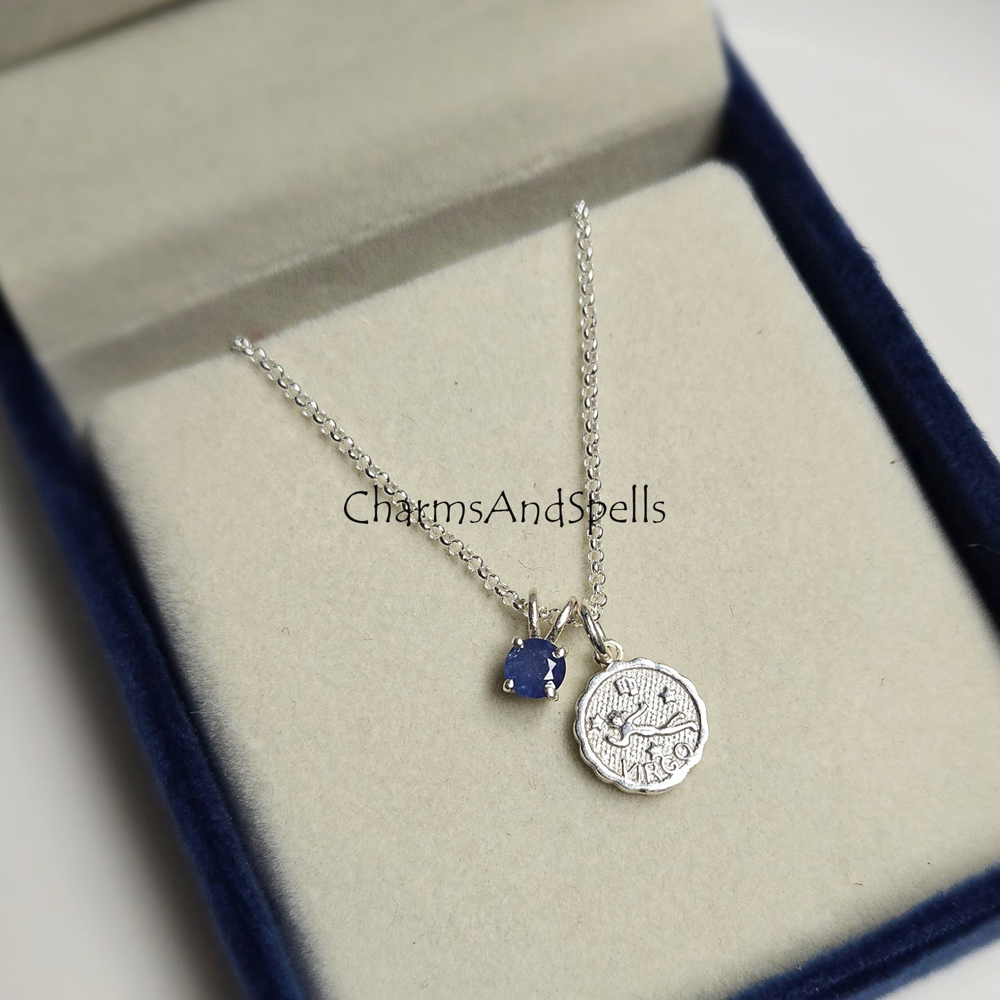 Virgo Zodiac Pendant Necklace, Blue Sapphire Silver Necklace, Thoughtful Astrology Gift for Her, Handmade Personalized Jewelry, Virgo Charm