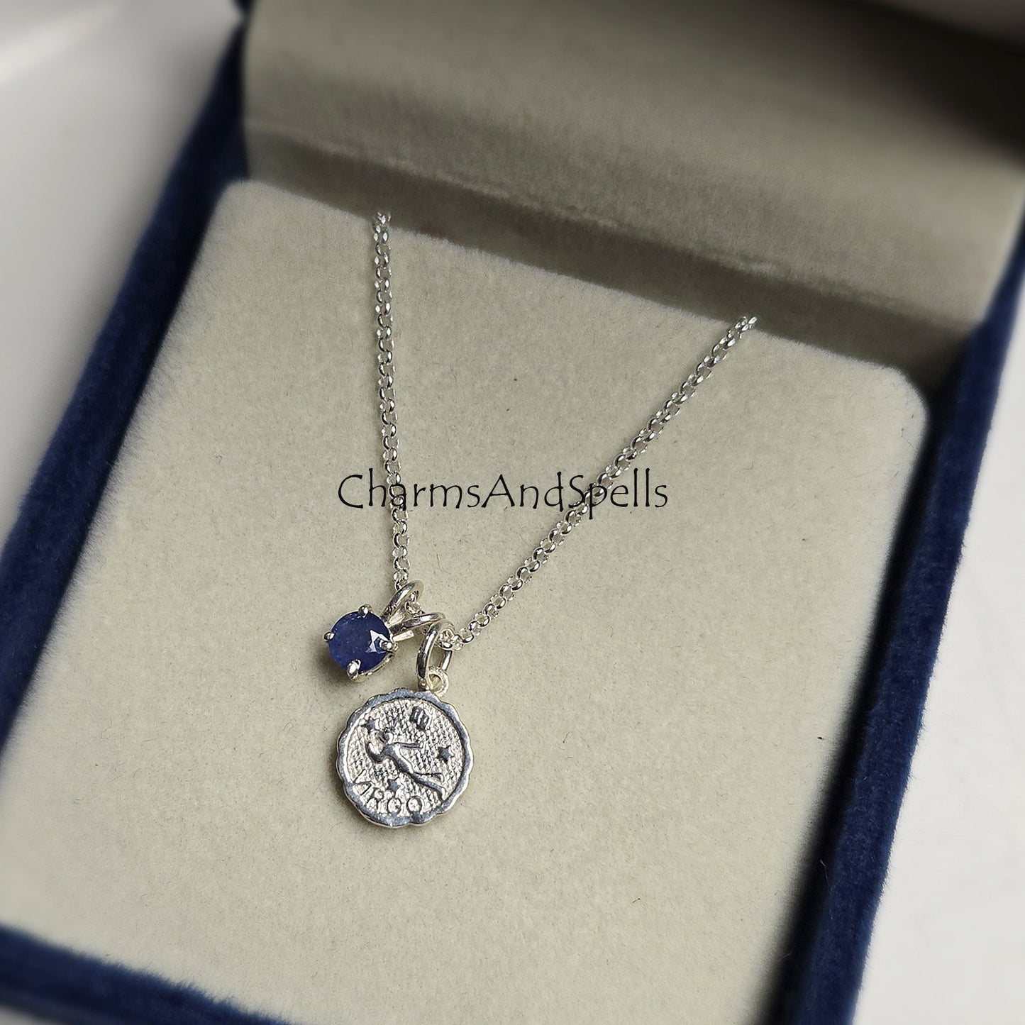 Virgo Zodiac Pendant Necklace, Blue Sapphire Silver Necklace, Thoughtful Astrology Gift for Her, Handmade Personalized Jewelry, Virgo Charm