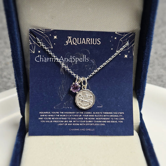 Tiny Aquarius Amethyst Pendant Necklace | 925 Sterling Silver Zodiac Jewelry Gift
