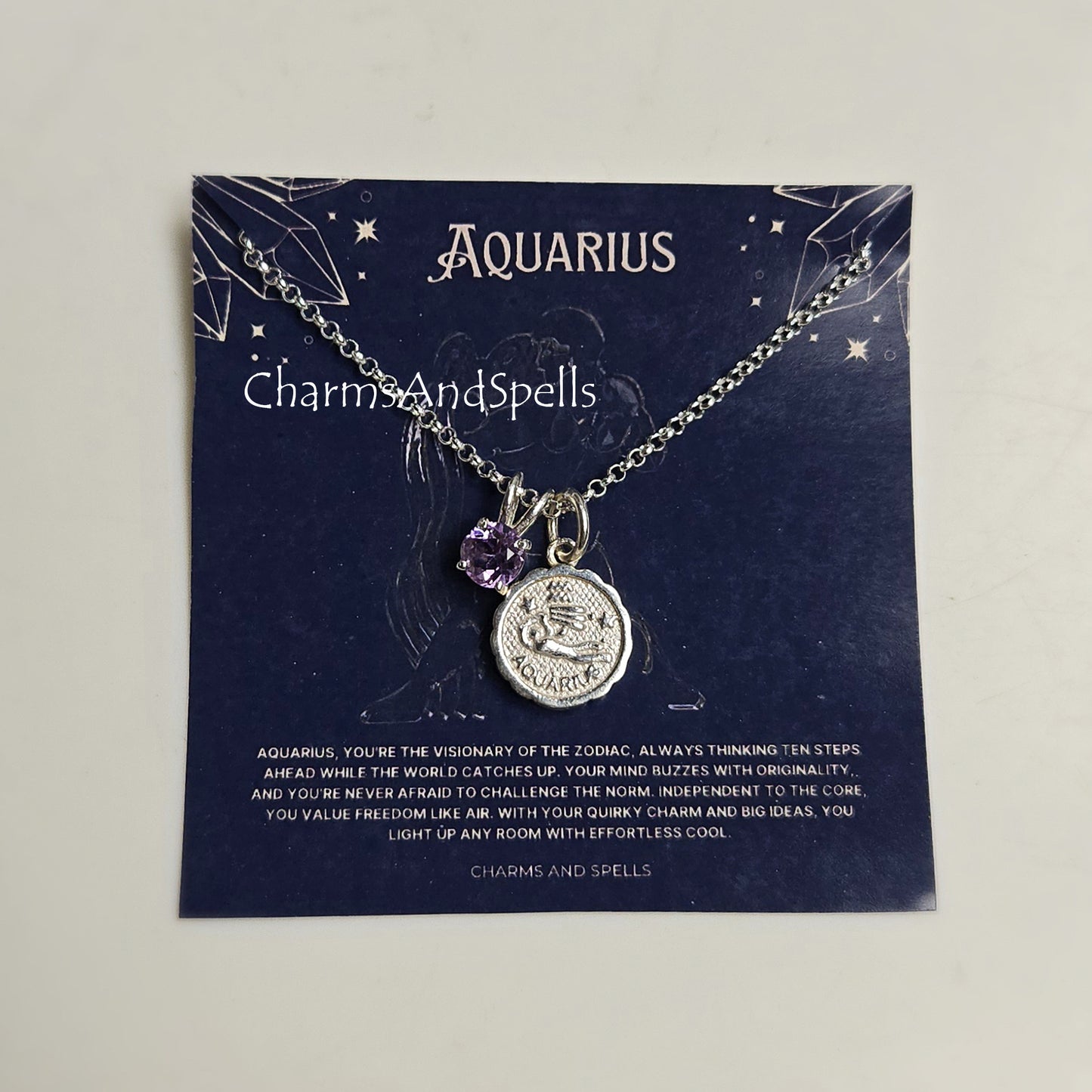 Tiny Aquarius Amethyst Pendant Necklace | 925 Sterling Silver Zodiac Jewelry Gift