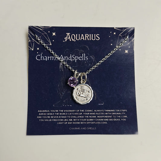Tiny Aquarius Amethyst Pendant Necklace | 925 Sterling Silver Zodiac Jewelry Gift