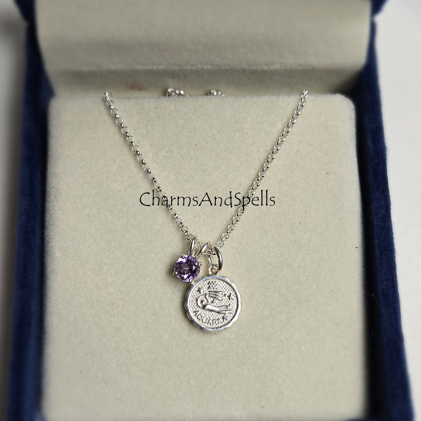 Tiny Aquarius Amethyst Pendant Necklace | 925 Sterling Silver Zodiac Jewelry Gift