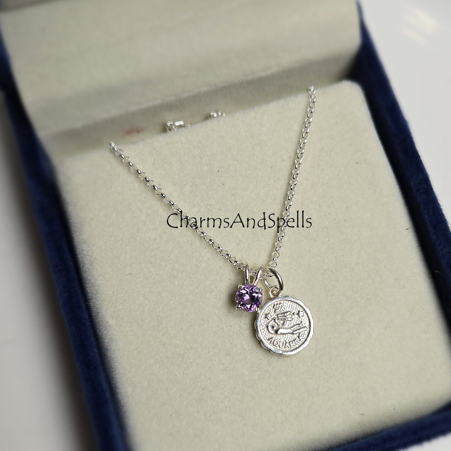 Tiny Aquarius Amethyst Pendant Necklace | 925 Sterling Silver Zodiac Jewelry Gift