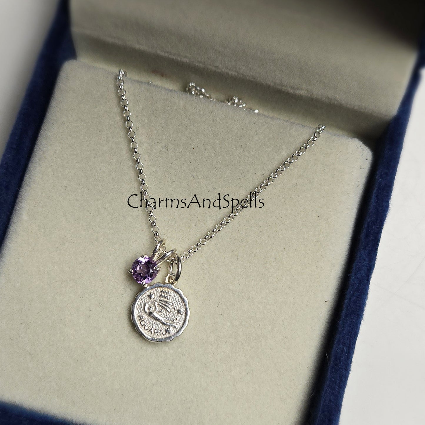 Tiny Aquarius Amethyst Pendant Necklace | 925 Sterling Silver Zodiac Jewelry Gift