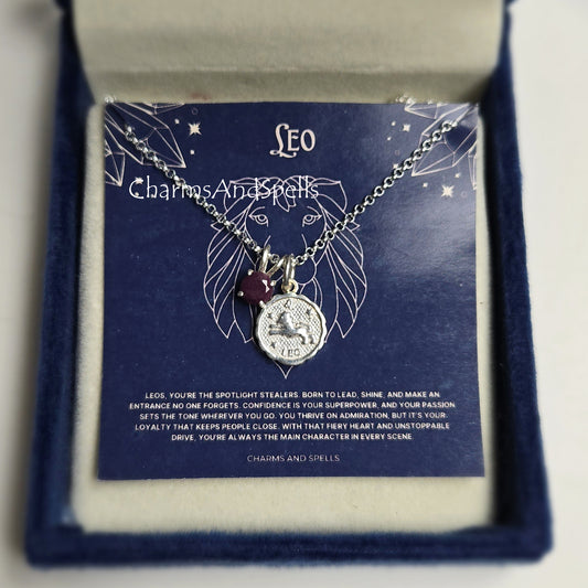 Leo Zodiac Necklace | Ruby 925 Silver Coin Pendant | Personalized Gift for Her