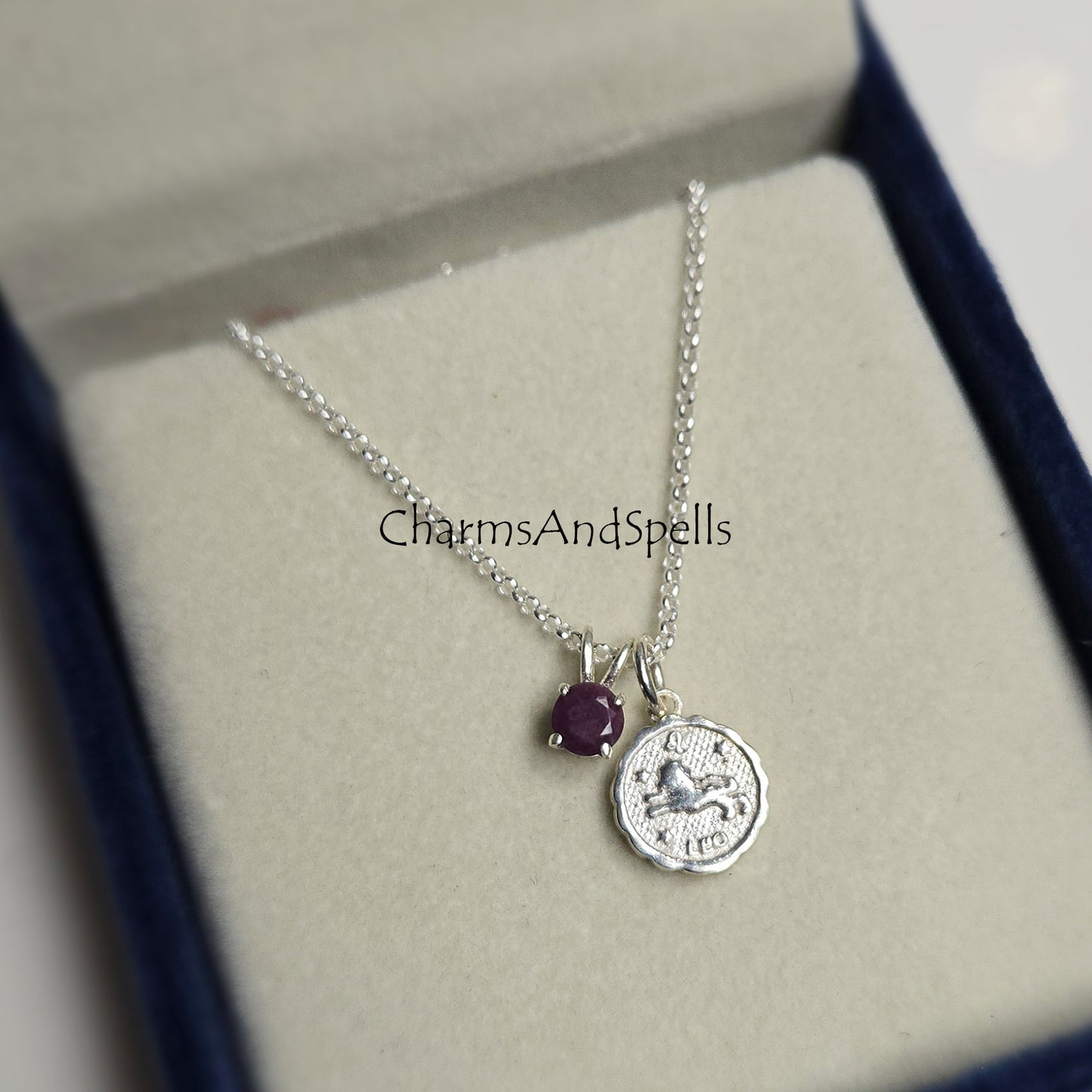 Leo Zodiac Necklace | Ruby 925 Silver Coin Pendant | Personalized Gift for Her