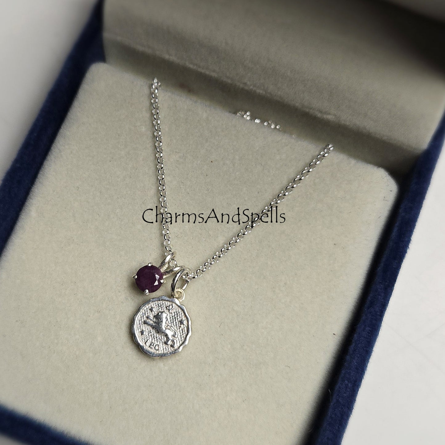 Leo Zodiac Necklace | Ruby 925 Silver Coin Pendant | Personalized Gift for Her