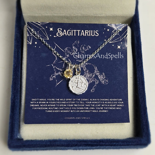 Silver Sagittarius Necklace | Citrine Personalized Horoscope Pendant Jewelry