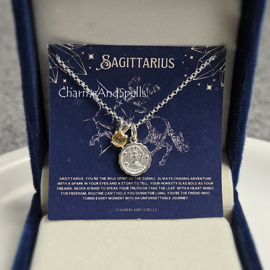 Silver Sagittarius Necklace | Citrine Personalized Horoscope Pendant Jewelry