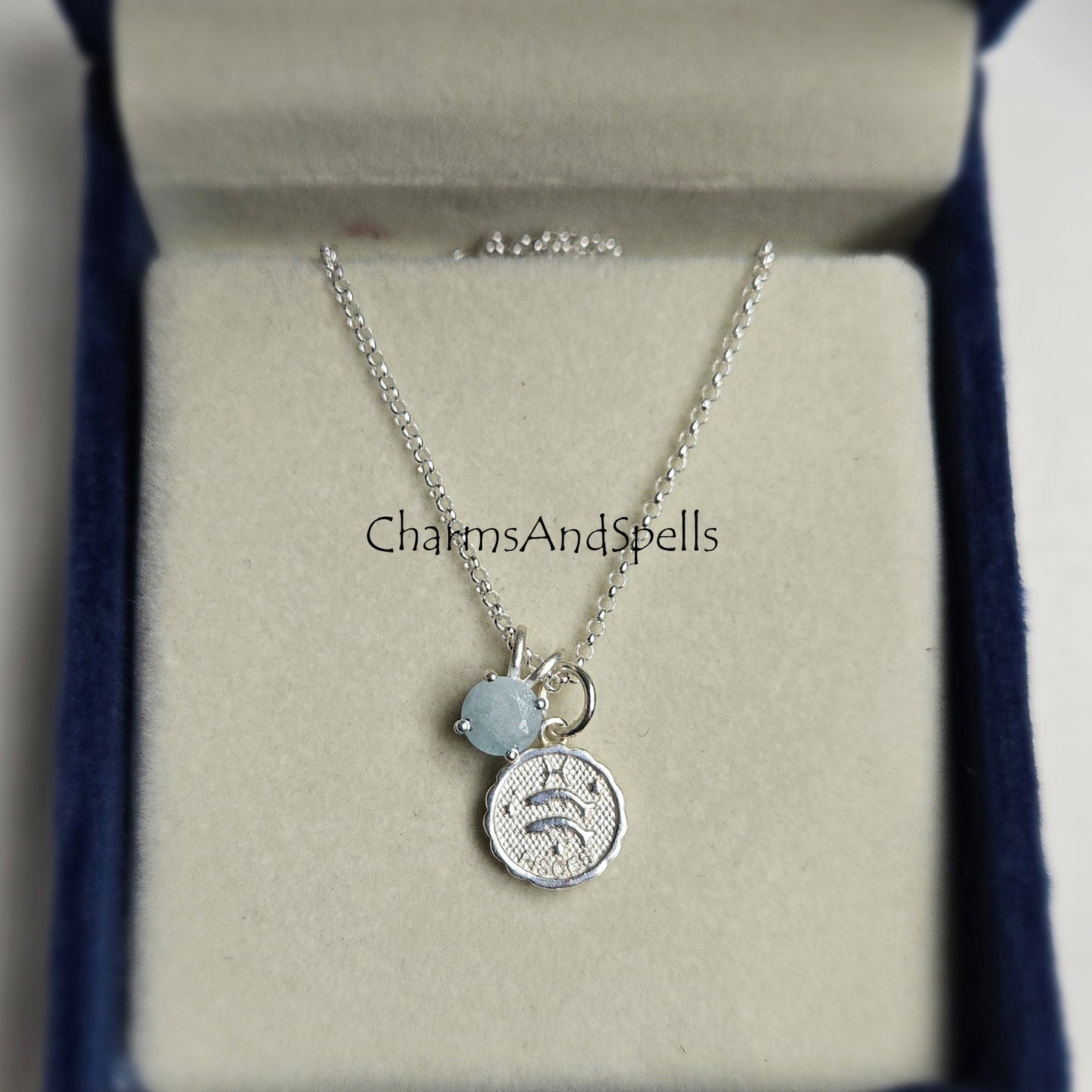 Pisces Aquamarine Pendant Necklace | Solid Silver Zodiac Jewelry