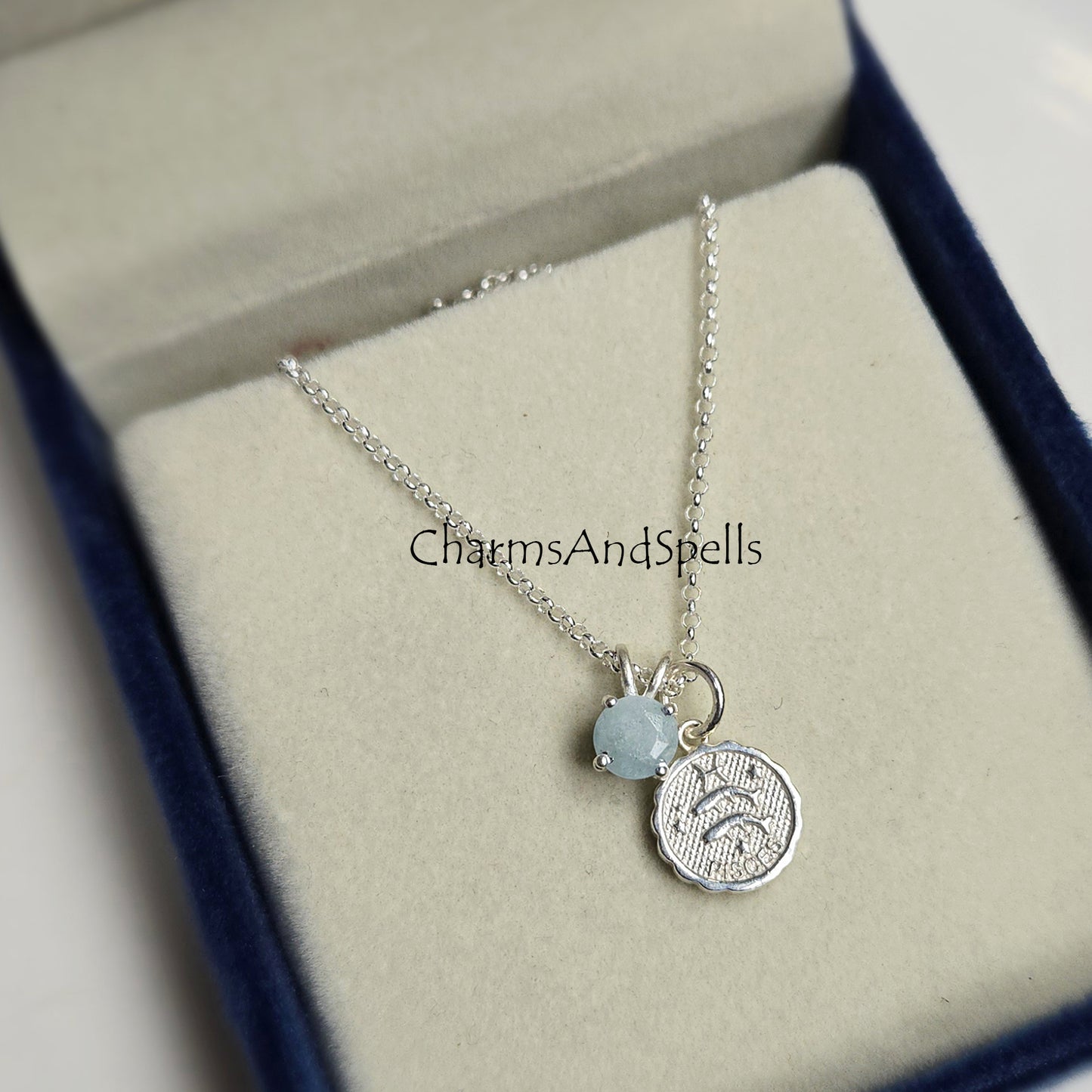 Pisces Aquamarine Pendant Necklace | Solid Silver Zodiac Jewelry