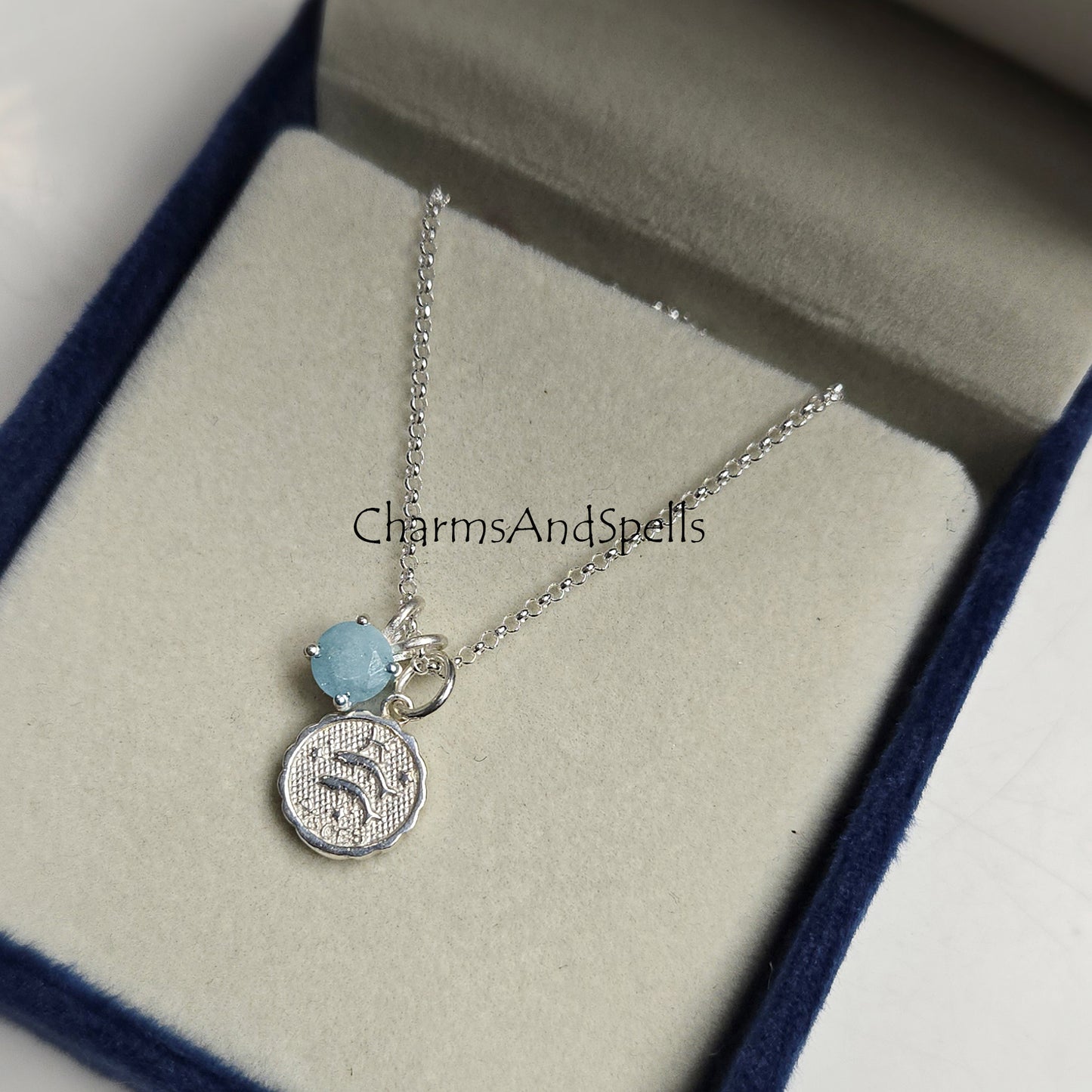 Pisces Aquamarine Pendant Necklace | Solid Silver Zodiac Jewelry