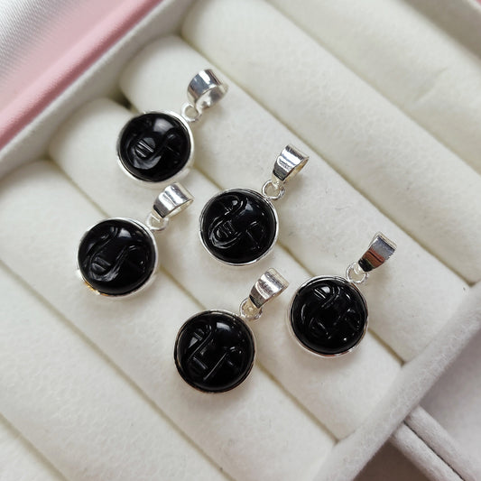 Black Onyx Pendant, Face Carved Necklace, 925 Silver Jewelry, Healing Gemstone Gift For Her