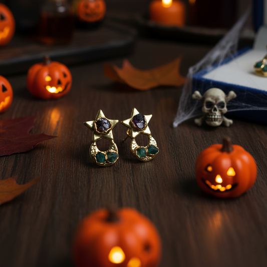 Celestial Alchemy Raw Stone Earrings| Emerald & Garnet Studs| Moon Star Healing Jewelry