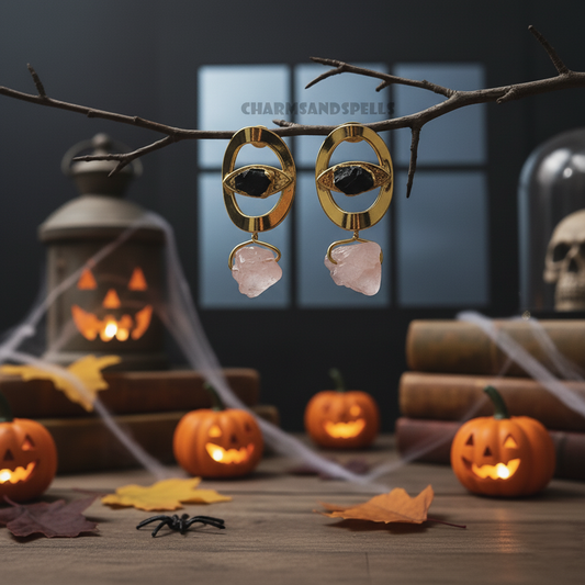 Divine Eye Rough Black Tourmaline & Rose Quartz Earrings| 14K Gold Plated