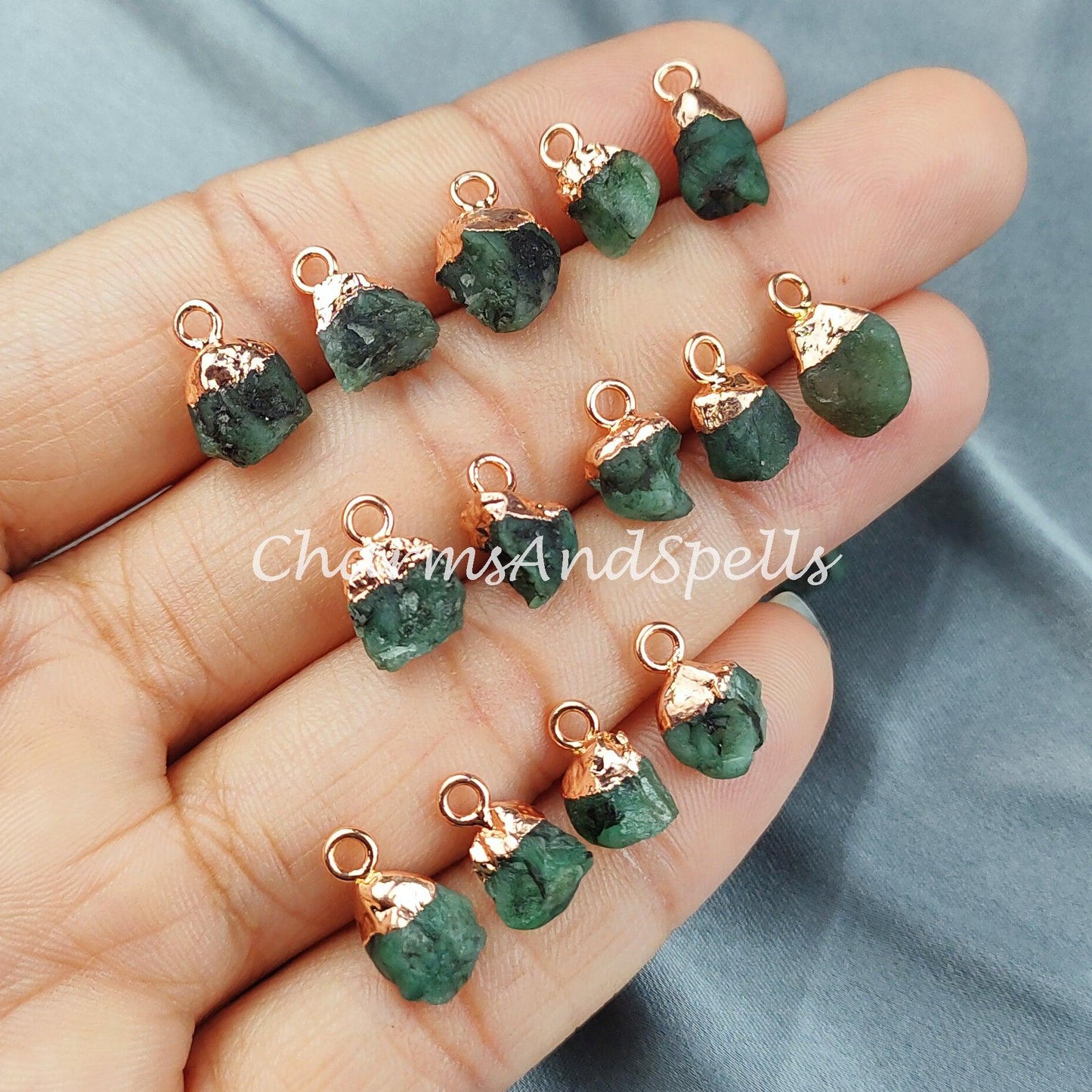 Raw Emerald Charm| Electroplated Pendant Connectors| Rough Gemstone Jewelry