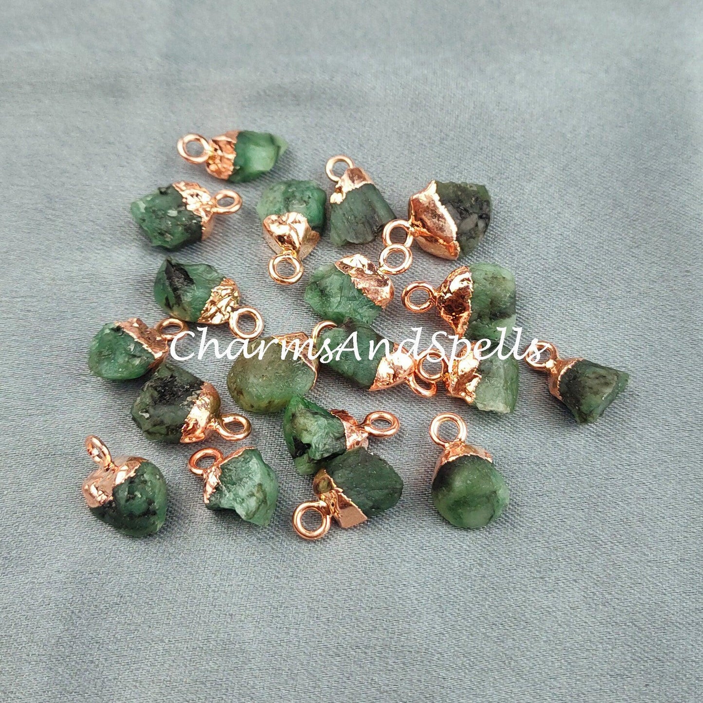 Raw Emerald Charm| Electroplated Pendant Connectors| Rough Gemstone Jewelry