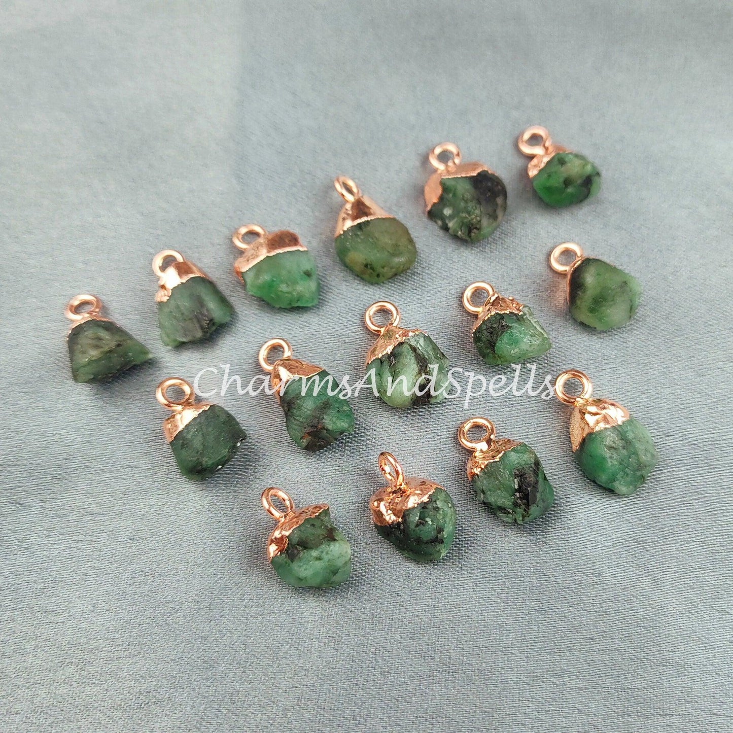 Raw Emerald Charm| Electroplated Pendant Connectors| Rough Gemstone Jewelry