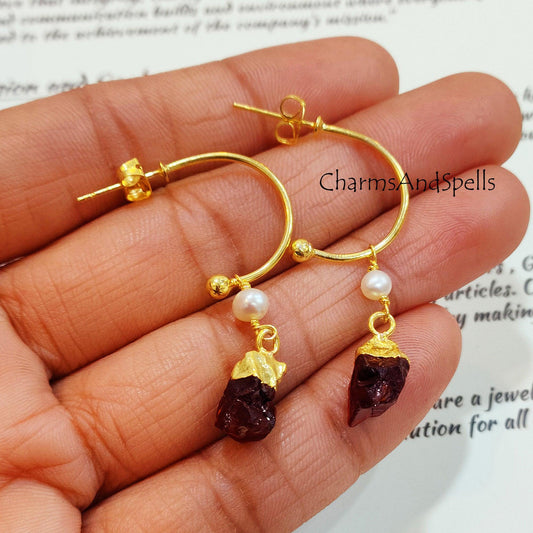 Rough Natural Garnet Earrings | Electroplated Gemstone Studs | January Birthstone Jewelry
