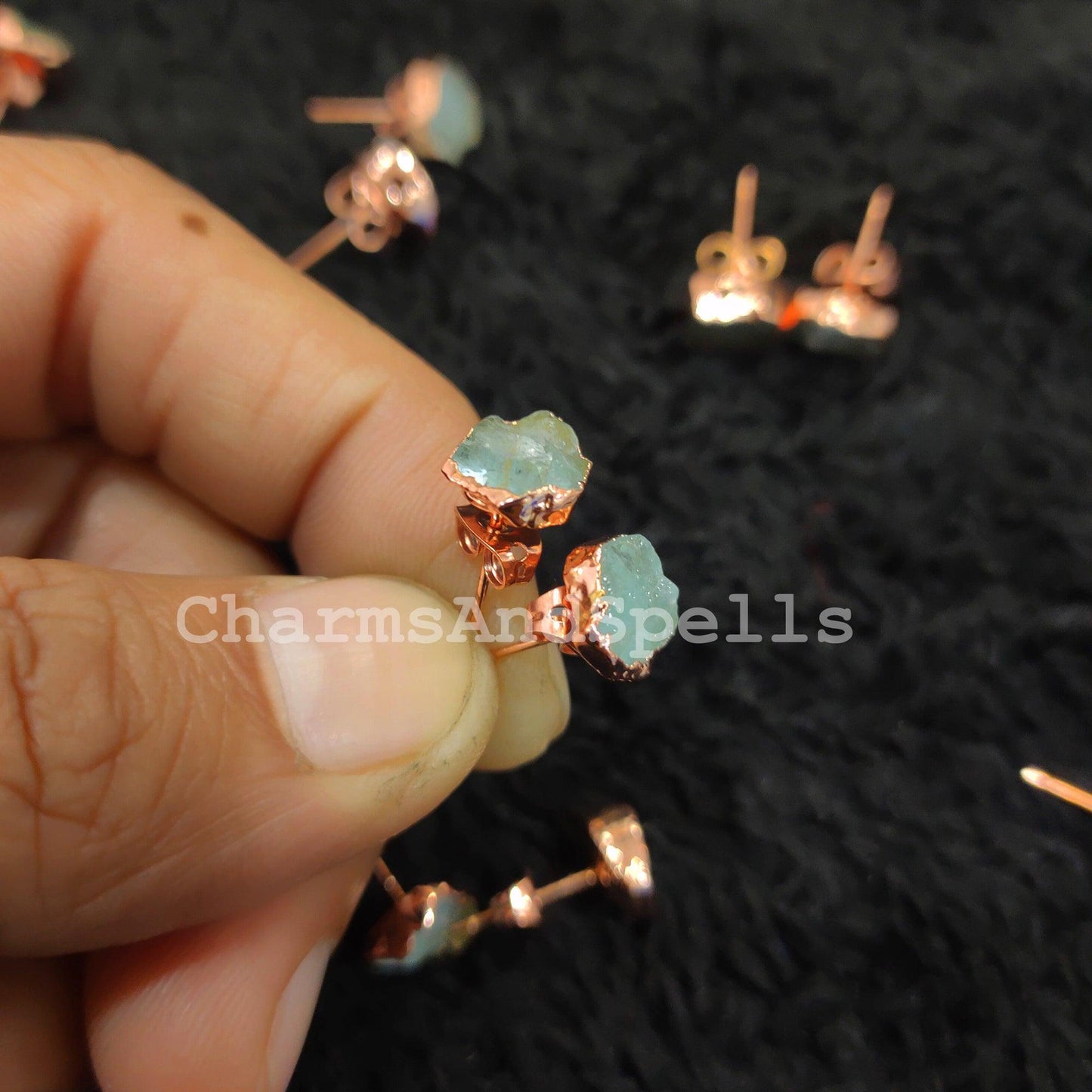 Raw Aquamarine Electroplated Stud Earrings