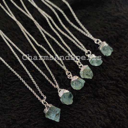 Raw Aquamarine Necklace | 14K Gold Plated Electroplated Dainty Birthstone