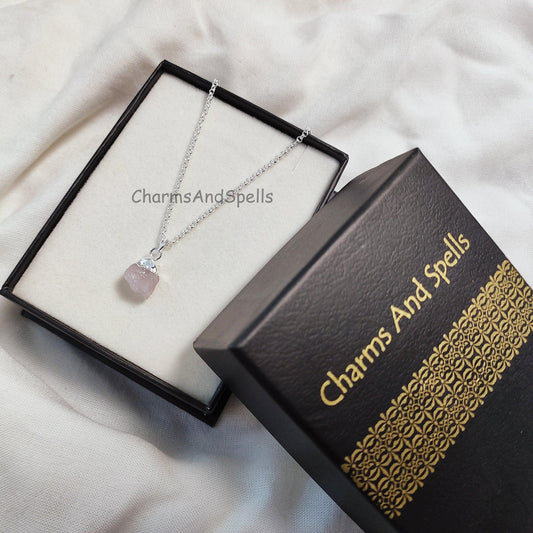 Natural Rose Quartz Necklace | Gold Plated Raw Crystal Gemstone Pendant for Women
