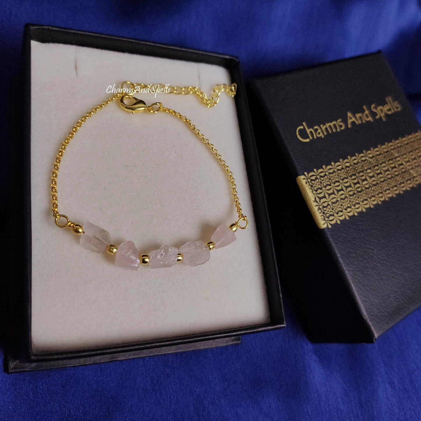 Natural Rough Rose Quartz Bracelet | Raw Nugget Adjustable Gemstone Boho Jewelry