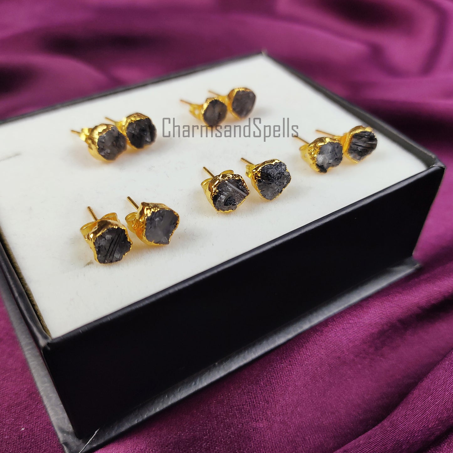 Raw Black Rutile Stud Earrings | Tiny Silver Plated Crystal Boho Gemstone Jewelry