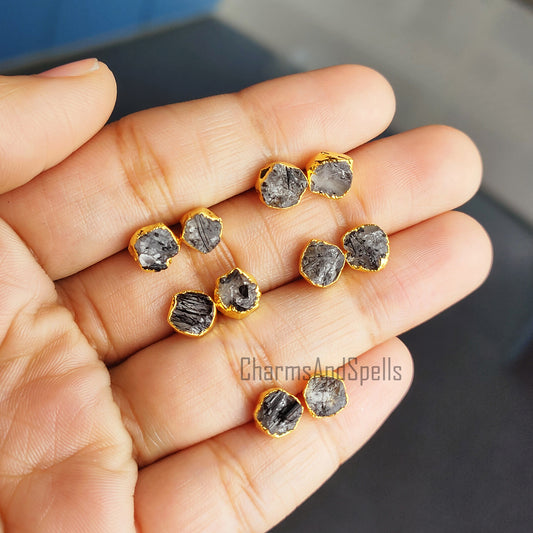 Raw Black Rutile Stud Earrings | Tiny Silver Plated Crystal Boho Gemstone Jewelry