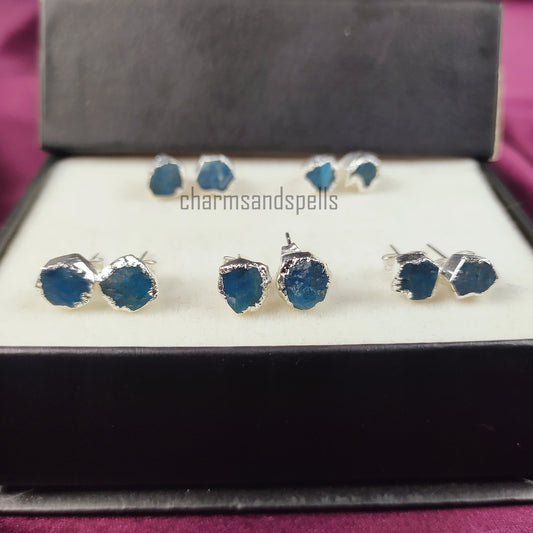 Raw Neon Apatite Stud Earrings | Natural Crystal Earrings Healing Stone